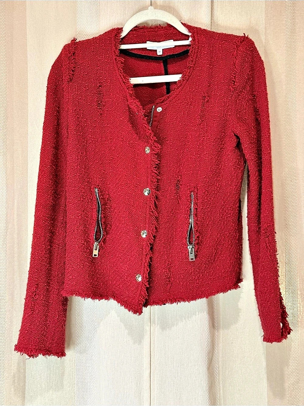 IRO Annette Distressed Red Cotton Tweed Jacket Size 36